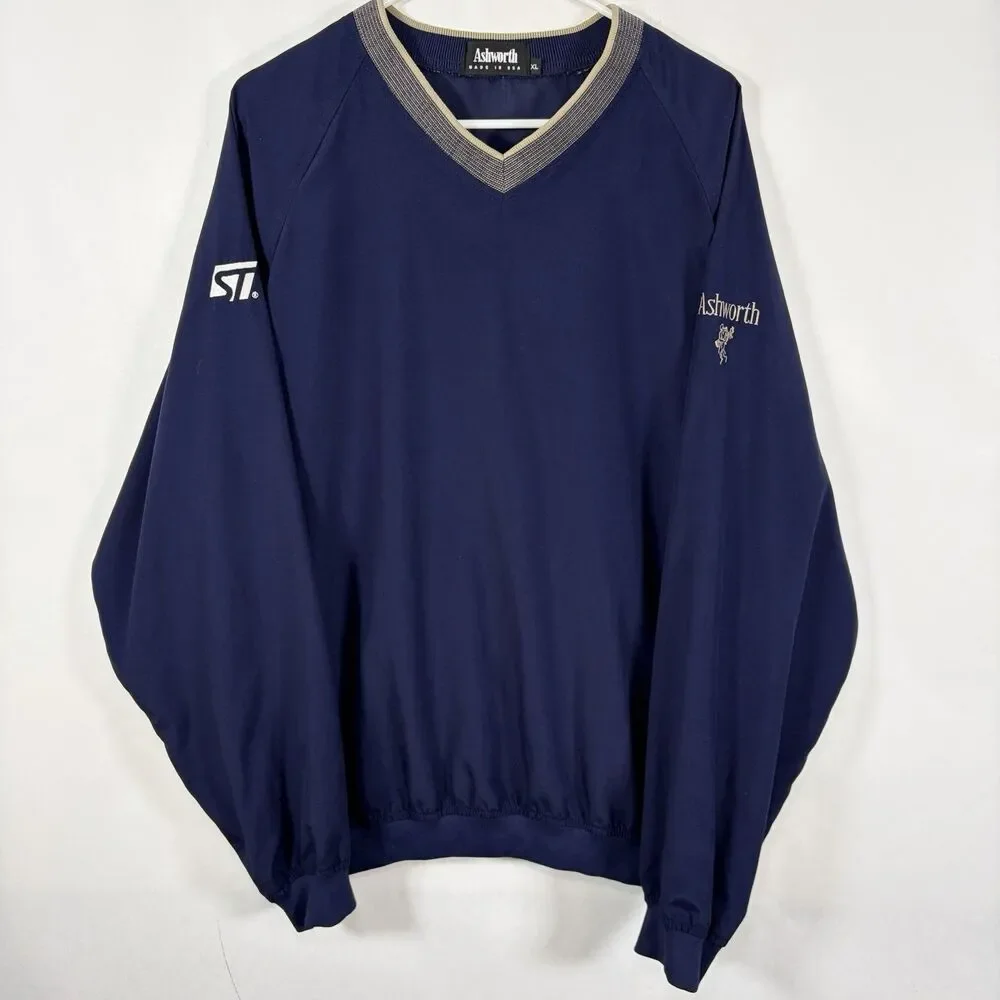 VTG Ashworth V Neck Pullover Windbreaker Jacket Mens XL Navy Beige Made In USA